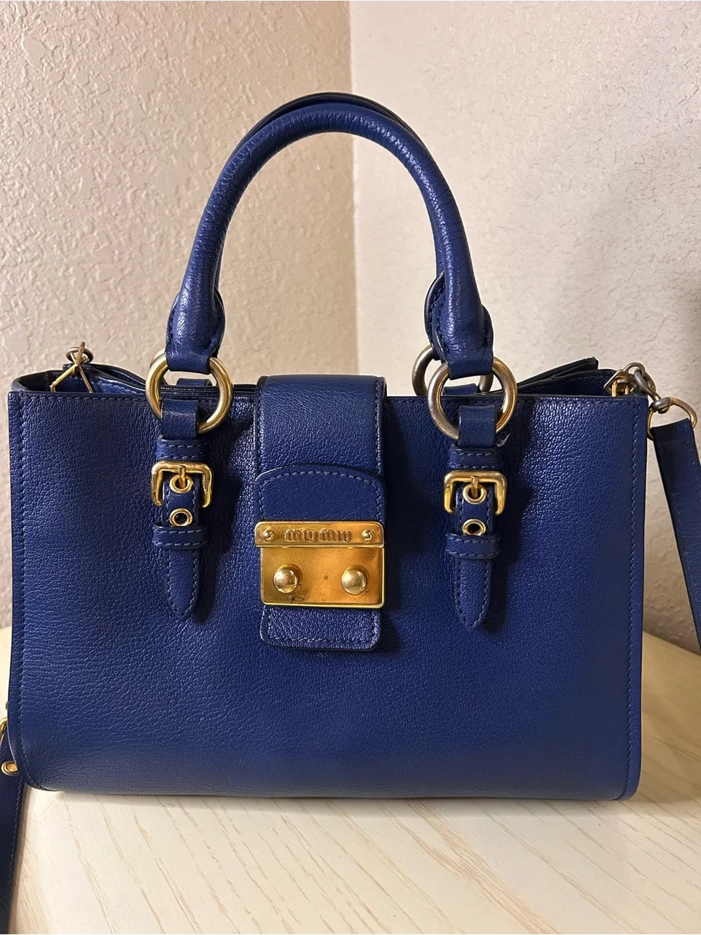 Miu Miu Royal Blue Pebbled Leather Push Lock Top Handle Satchel Shoulder Bag COA